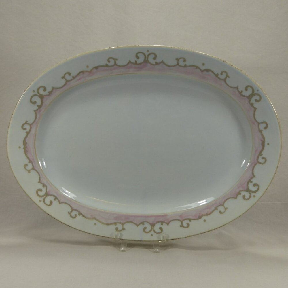 Real Portugal Oval Serving Platter Tray 14" Light Blue Pink Watercolor Scroll